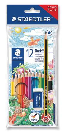 Színes ceruza készlet, hatszögletű, ajándék grafitceruzával és radírral, STAEDTLER "Noris 185", 12 különböző szín