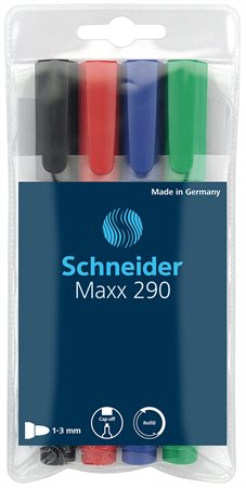 Tábla- és flipchart marker készlet, 2-3 mm, kúpos, SCHNEIDER "Maxx 290", 4 különböző szín