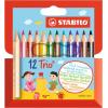 Színes ceruza készlet, háromszögletű, vastag, rövid, STABILO "Trio", 12 különböző szín