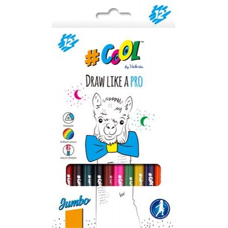 Színes ceruza készlet, háromszögletű, vastag, COOL BY VICTORIA, 12 különböző szín