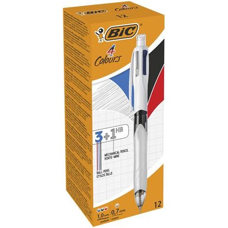 Golyóstoll, háromszínű, nyomósirónnal egyben, BIC "4 Colours"