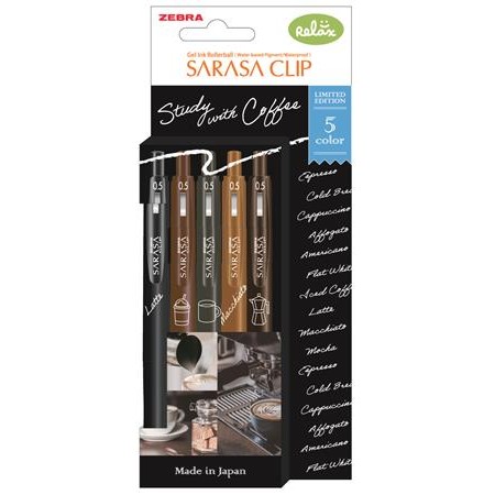 Zseléstoll, 0,33 mm, nyomógombos, ZEBRA "Sarasa Study with Coffee", 5 különböző szín