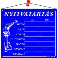 Információs tábla, 20x17,5 cm, "Nyitvatartás", kék