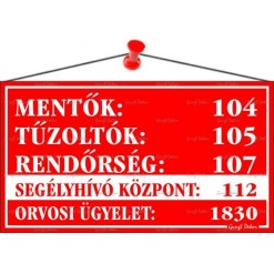 Információs tábla, 22,5x12,5 cm, "Mentők tűzoltók, rendőrség telefonszámok", piros