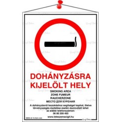 Információs tábla, 21x31 cm, többnyelvű, "Dohányzásra kijelölt hely"