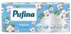 Toalettpapír, 3 rétegű, kistekercses, 8 tekercs, PUFINA "Sensitive Aquabond", illatmentes