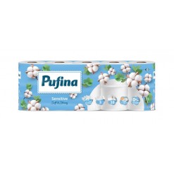Toalettpapír, 3 rétegű, kistekercses, 10 tekercs, PUFINA "Sensitive Aquabond", illatmentes